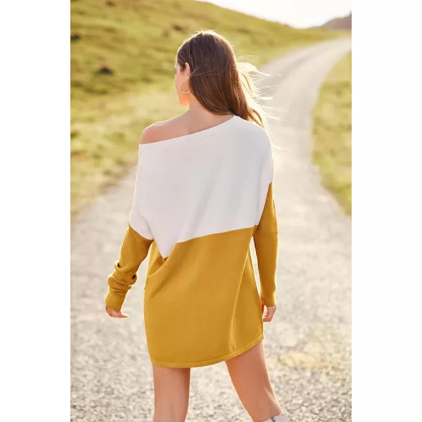 imagePRETTYGARDEN Womens Causal Loose Sweater Color Block Knit Pullover Off Shoulder Comfy Jumper TopsYellow