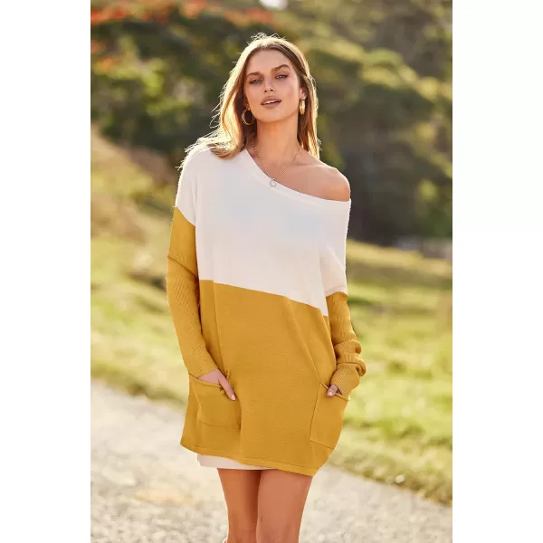 imagePRETTYGARDEN Womens Causal Loose Sweater Color Block Knit Pullover Off Shoulder Comfy Jumper TopsYellow