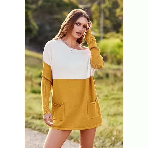 imagePRETTYGARDEN Womens Causal Loose Sweater Color Block Knit Pullover Off Shoulder Comfy Jumper TopsYellow