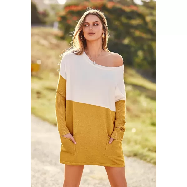 imagePRETTYGARDEN Womens Causal Loose Sweater Color Block Knit Pullover Off Shoulder Comfy Jumper TopsYellow