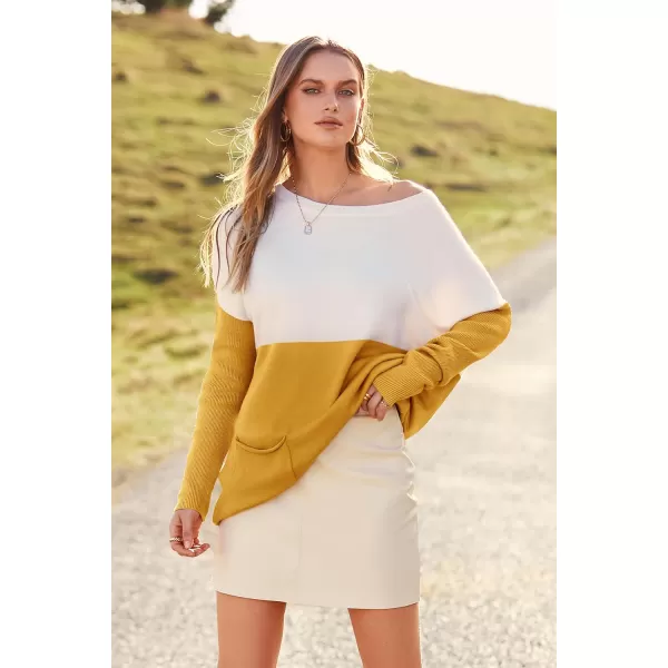 imagePRETTYGARDEN Womens Causal Loose Sweater Color Block Knit Pullover Off Shoulder Comfy Jumper TopsYellow
