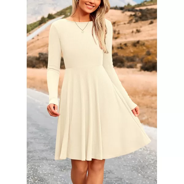 imagePRETTYGARDEN Womens Fall Short Dress Ribbed Knit Crewneck Long Sleeve A Line Flowy Casual Elegant Cute Going Out DressesBeige