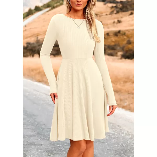 imagePRETTYGARDEN Womens Fall Short Dress Ribbed Knit Crewneck Long Sleeve A Line Flowy Casual Elegant Cute Going Out DressesBeige