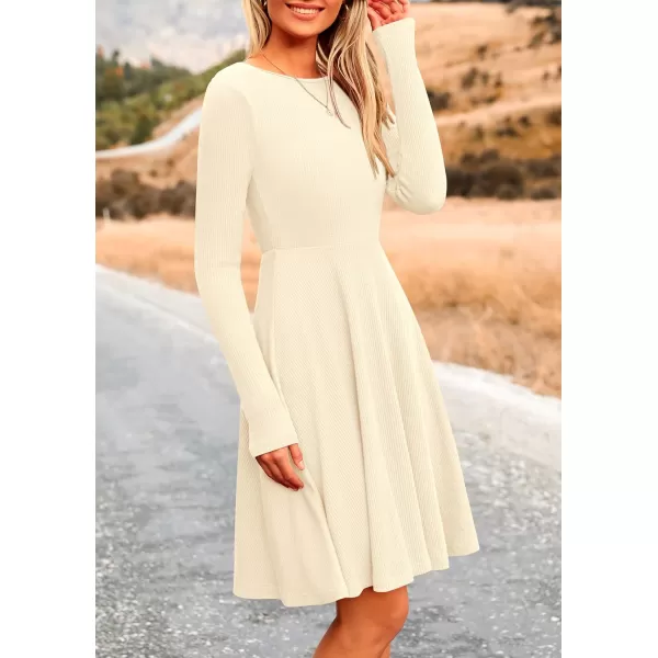 imagePRETTYGARDEN Womens Fall Short Dress Ribbed Knit Crewneck Long Sleeve A Line Flowy Casual Elegant Cute Going Out DressesBeige