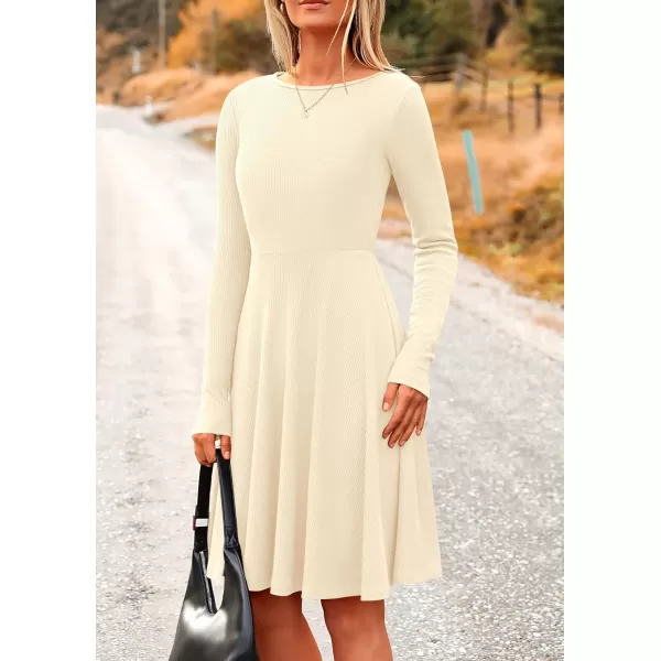 imagePRETTYGARDEN Womens Fall Short Dress Ribbed Knit Crewneck Long Sleeve A Line Flowy Casual Elegant Cute Going Out DressesBeige