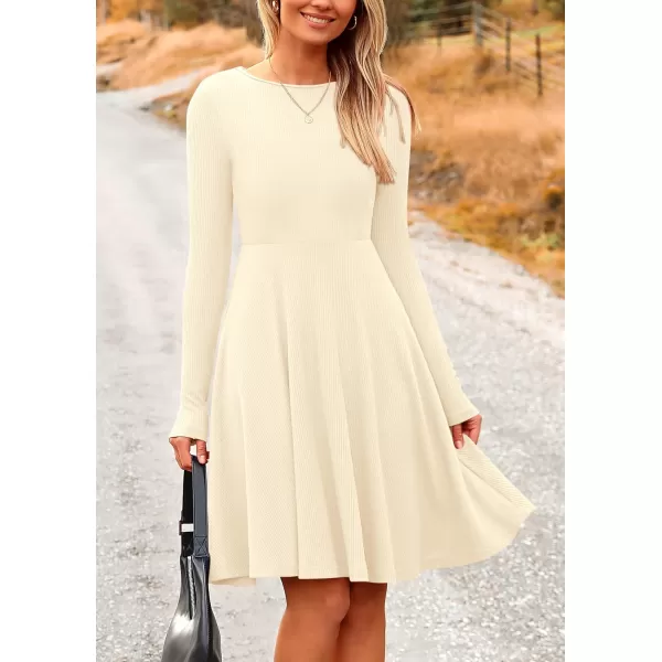imagePRETTYGARDEN Womens Fall Short Dress Ribbed Knit Crewneck Long Sleeve A Line Flowy Casual Elegant Cute Going Out DressesBeige
