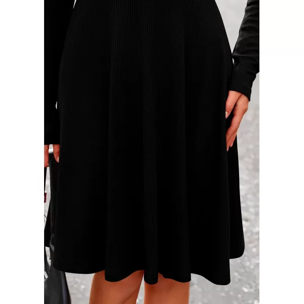 imagePRETTYGARDEN Womens Fall Short Dress Ribbed Knit Crewneck Long Sleeve A Line Flowy Casual Elegant Cute Going Out DressesBlack