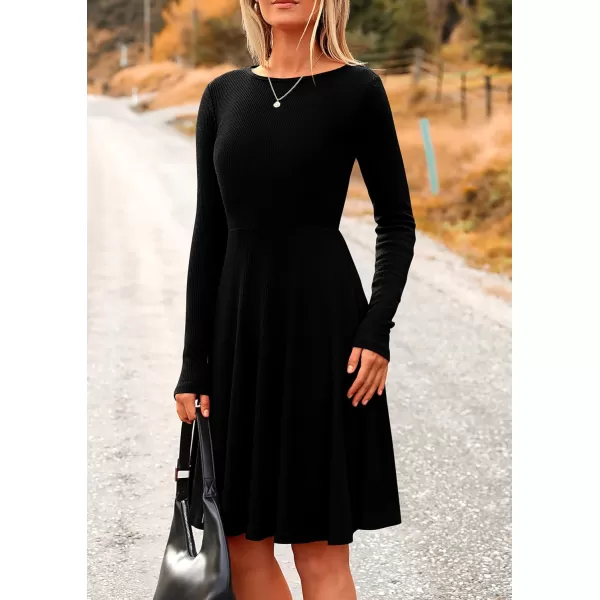 imagePRETTYGARDEN Womens Fall Short Dress Ribbed Knit Crewneck Long Sleeve A Line Flowy Casual Elegant Cute Going Out DressesBlack