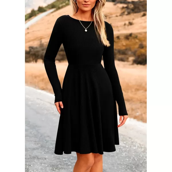 imagePRETTYGARDEN Womens Fall Short Dress Ribbed Knit Crewneck Long Sleeve A Line Flowy Casual Elegant Cute Going Out DressesBlack