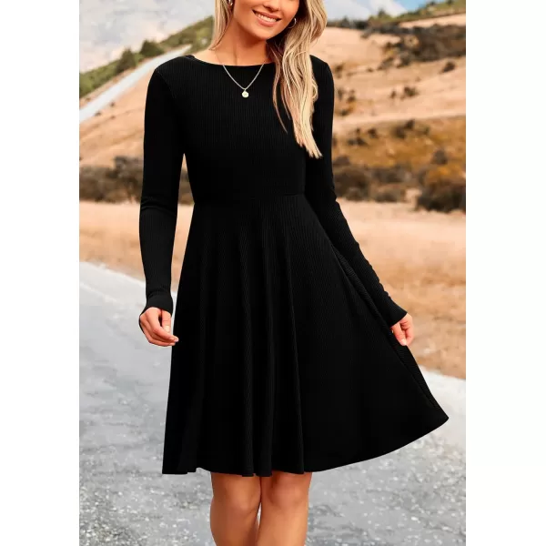 imagePRETTYGARDEN Womens Fall Short Dress Ribbed Knit Crewneck Long Sleeve A Line Flowy Casual Elegant Cute Going Out DressesBlack