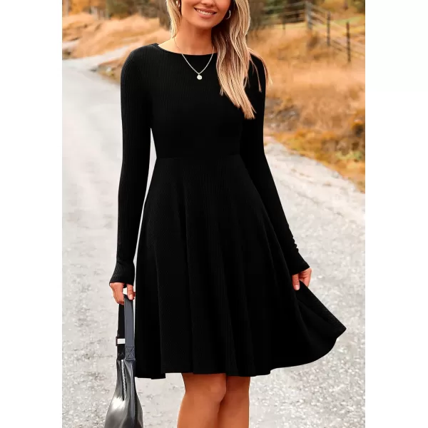 imagePRETTYGARDEN Womens Fall Short Dress Ribbed Knit Crewneck Long Sleeve A Line Flowy Casual Elegant Cute Going Out DressesBlack