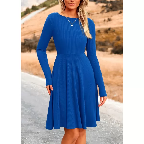 imagePRETTYGARDEN Womens Fall Short Dress Ribbed Knit Crewneck Long Sleeve A Line Flowy Casual Elegant Cute Going Out DressesBlue