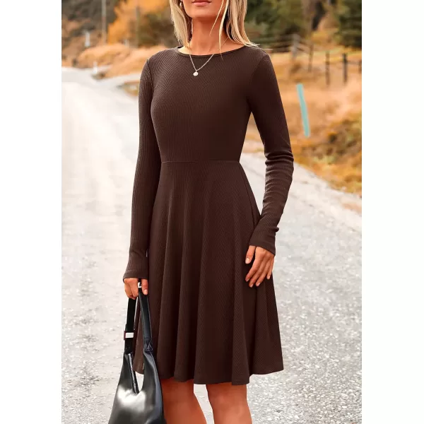 imagePRETTYGARDEN Womens Fall Short Dress Ribbed Knit Crewneck Long Sleeve A Line Flowy Casual Elegant Cute Going Out DressesDark Coffee