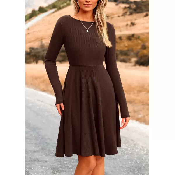 imagePRETTYGARDEN Womens Fall Short Dress Ribbed Knit Crewneck Long Sleeve A Line Flowy Casual Elegant Cute Going Out DressesDark Coffee