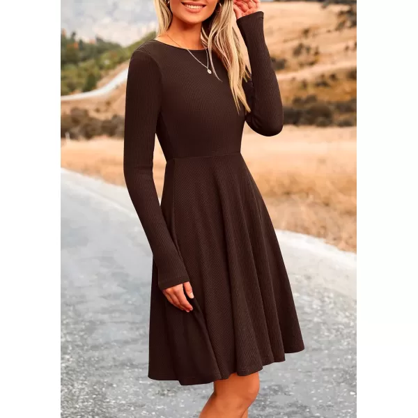 imagePRETTYGARDEN Womens Fall Short Dress Ribbed Knit Crewneck Long Sleeve A Line Flowy Casual Elegant Cute Going Out DressesDark Coffee