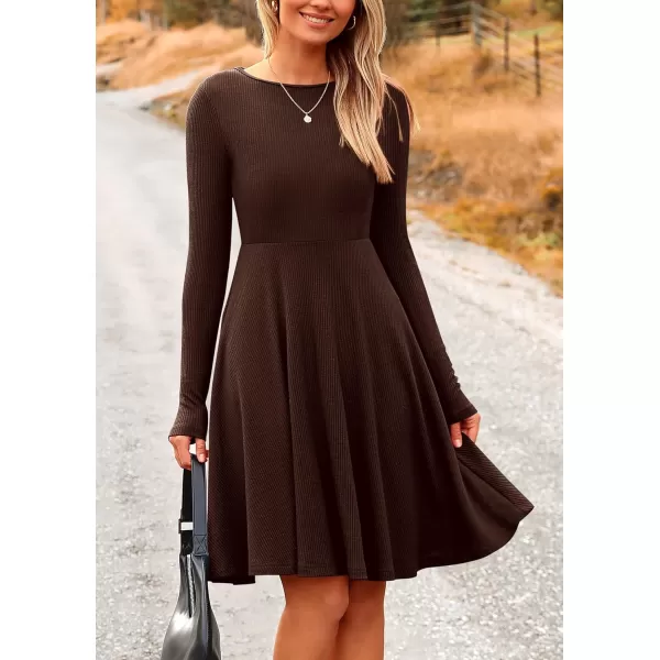 imagePRETTYGARDEN Womens Fall Short Dress Ribbed Knit Crewneck Long Sleeve A Line Flowy Casual Elegant Cute Going Out DressesDark Coffee