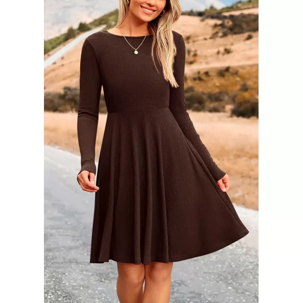 imagePRETTYGARDEN Womens Fall Short Dress Ribbed Knit Crewneck Long Sleeve A Line Flowy Casual Elegant Cute Going Out DressesDark Coffee