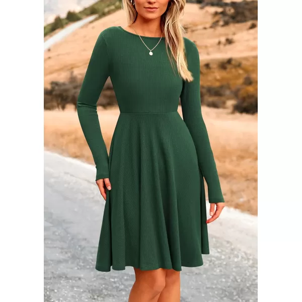 imagePRETTYGARDEN Womens Fall Short Dress Ribbed Knit Crewneck Long Sleeve A Line Flowy Casual Elegant Cute Going Out DressesDark Green