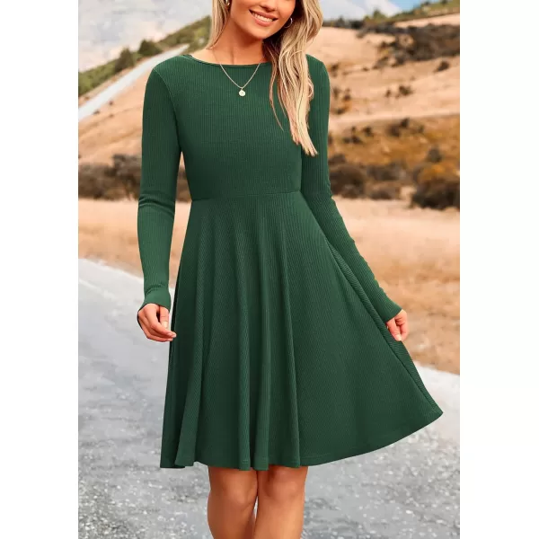 imagePRETTYGARDEN Womens Fall Short Dress Ribbed Knit Crewneck Long Sleeve A Line Flowy Casual Elegant Cute Going Out DressesDark Green