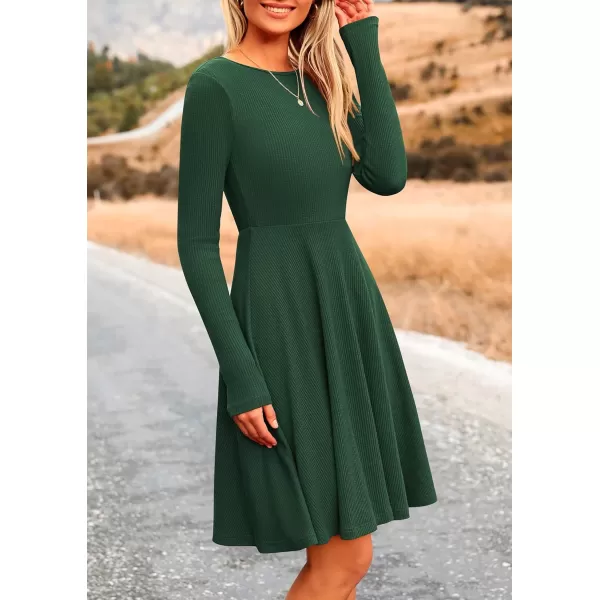 imagePRETTYGARDEN Womens Fall Short Dress Ribbed Knit Crewneck Long Sleeve A Line Flowy Casual Elegant Cute Going Out DressesDark Green