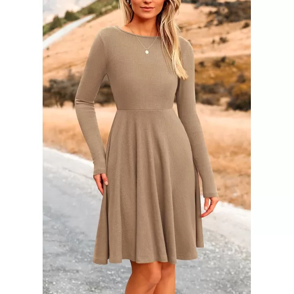 imagePRETTYGARDEN Womens Fall Short Dress Ribbed Knit Crewneck Long Sleeve A Line Flowy Casual Elegant Cute Going Out DressesKhaki