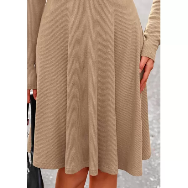 imagePRETTYGARDEN Womens Fall Short Dress Ribbed Knit Crewneck Long Sleeve A Line Flowy Casual Elegant Cute Going Out DressesKhaki