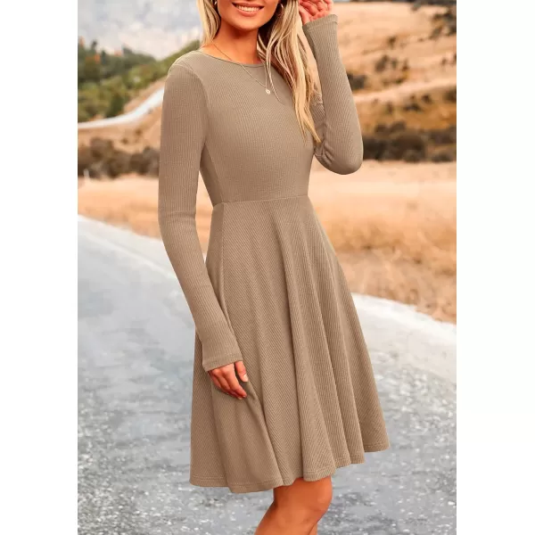 imagePRETTYGARDEN Womens Fall Short Dress Ribbed Knit Crewneck Long Sleeve A Line Flowy Casual Elegant Cute Going Out DressesKhaki