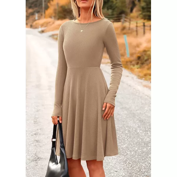 imagePRETTYGARDEN Womens Fall Short Dress Ribbed Knit Crewneck Long Sleeve A Line Flowy Casual Elegant Cute Going Out DressesKhaki