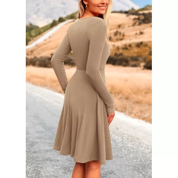 imagePRETTYGARDEN Womens Fall Short Dress Ribbed Knit Crewneck Long Sleeve A Line Flowy Casual Elegant Cute Going Out DressesKhaki