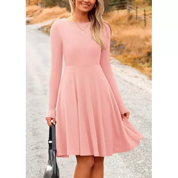imagePRETTYGARDEN Womens Fall Short Dress Ribbed Knit Crewneck Long Sleeve A Line Flowy Casual Elegant Cute Going Out DressesPink