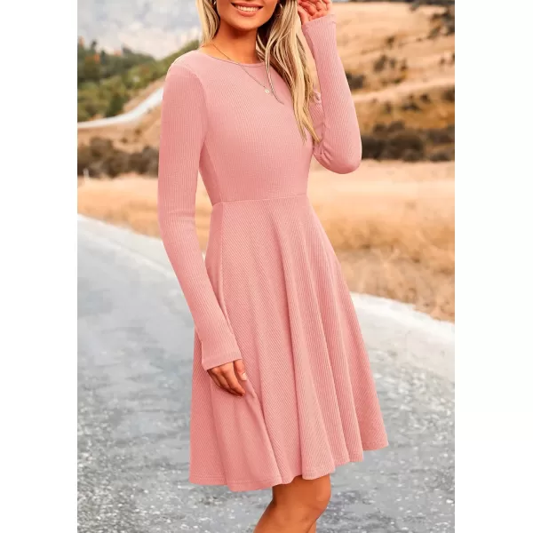 imagePRETTYGARDEN Womens Fall Short Dress Ribbed Knit Crewneck Long Sleeve A Line Flowy Casual Elegant Cute Going Out DressesPink