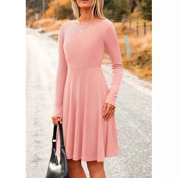 imagePRETTYGARDEN Womens Fall Short Dress Ribbed Knit Crewneck Long Sleeve A Line Flowy Casual Elegant Cute Going Out DressesPink