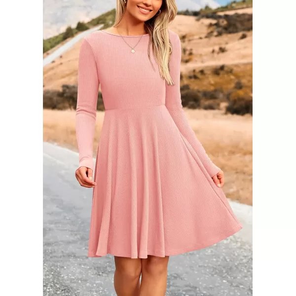 imagePRETTYGARDEN Womens Fall Short Dress Ribbed Knit Crewneck Long Sleeve A Line Flowy Casual Elegant Cute Going Out DressesPink