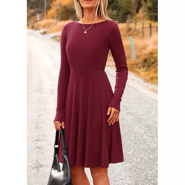 imagePRETTYGARDEN Womens Fall Short Dress Ribbed Knit Crewneck Long Sleeve A Line Flowy Casual Elegant Cute Going Out DressesWine Red