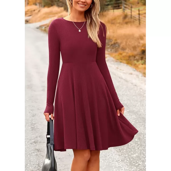 imagePRETTYGARDEN Womens Fall Short Dress Ribbed Knit Crewneck Long Sleeve A Line Flowy Casual Elegant Cute Going Out DressesWine Red