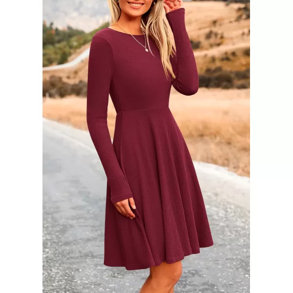 imagePRETTYGARDEN Womens Fall Short Dress Ribbed Knit Crewneck Long Sleeve A Line Flowy Casual Elegant Cute Going Out DressesWine Red