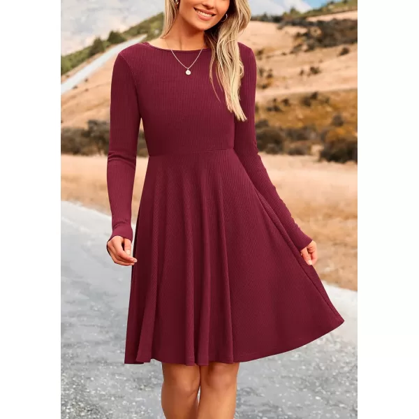 imagePRETTYGARDEN Womens Fall Short Dress Ribbed Knit Crewneck Long Sleeve A Line Flowy Casual Elegant Cute Going Out DressesWine Red