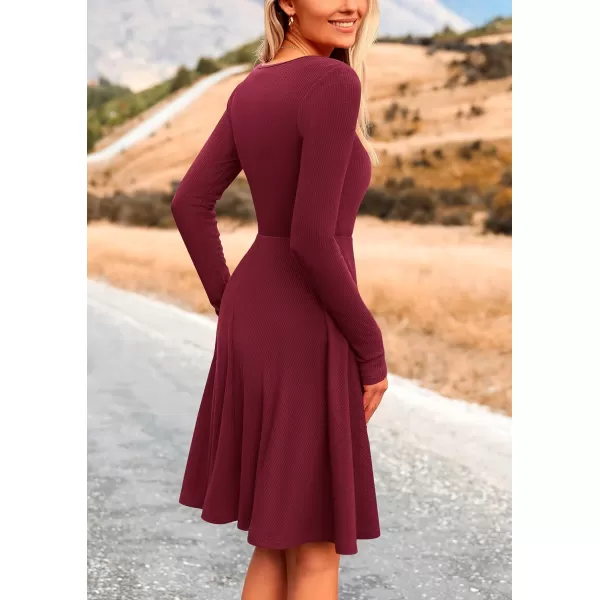 imagePRETTYGARDEN Womens Fall Short Dress Ribbed Knit Crewneck Long Sleeve A Line Flowy Casual Elegant Cute Going Out DressesWine Red