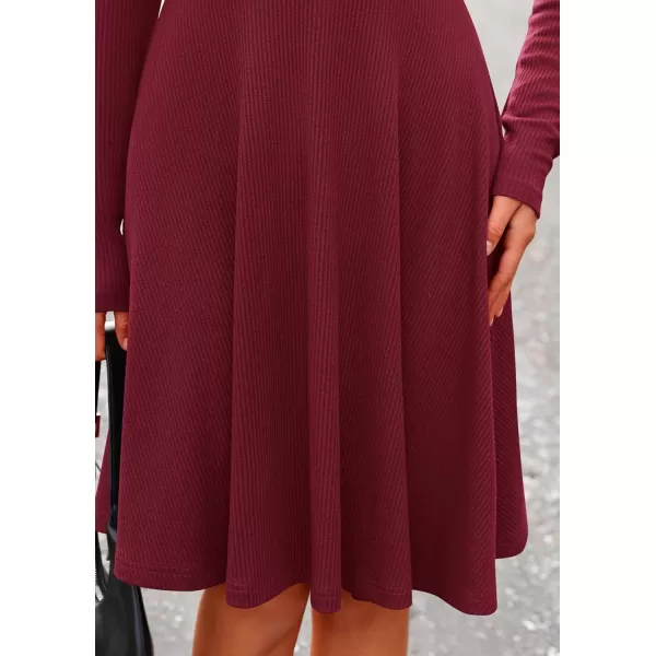 imagePRETTYGARDEN Womens Fall Short Dress Ribbed Knit Crewneck Long Sleeve A Line Flowy Casual Elegant Cute Going Out DressesWine Red