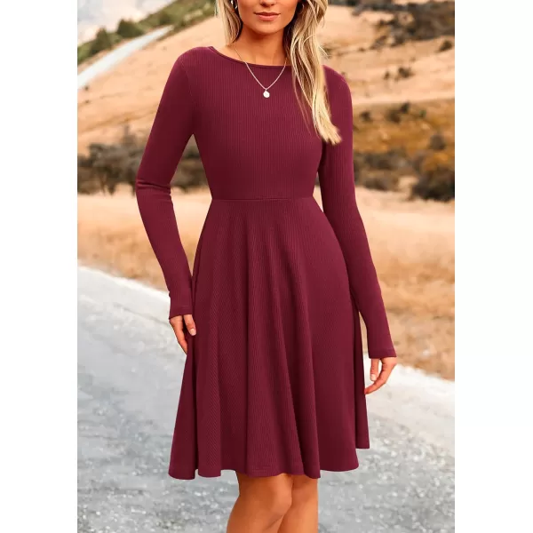 imagePRETTYGARDEN Womens Fall Short Dress Ribbed Knit Crewneck Long Sleeve A Line Flowy Casual Elegant Cute Going Out DressesWine Red