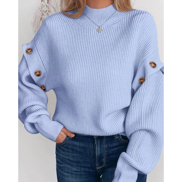 imagePRETTYGARDEN Womens Knit Pullover Sweater 2024 Fall Fashion Clothes Long Sleeve Mock Neck Blouse TopsSky Blue