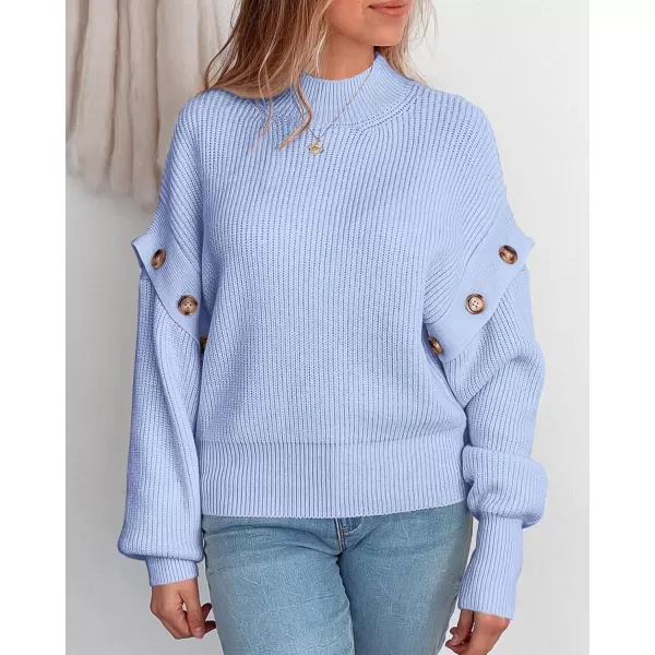 imagePRETTYGARDEN Womens Knit Pullover Sweater 2024 Fall Fashion Clothes Long Sleeve Mock Neck Blouse TopsSky Blue