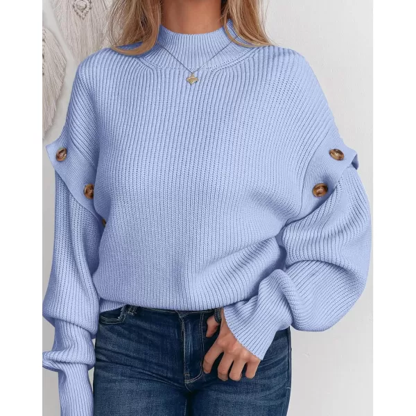 imagePRETTYGARDEN Womens Knit Pullover Sweater 2024 Fall Fashion Clothes Long Sleeve Mock Neck Blouse TopsSky Blue