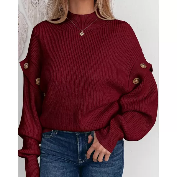 imagePRETTYGARDEN Womens Knit Pullover Sweater 2024 Fall Fashion Clothes Long Sleeve Mock Neck Blouse TopsWine Red