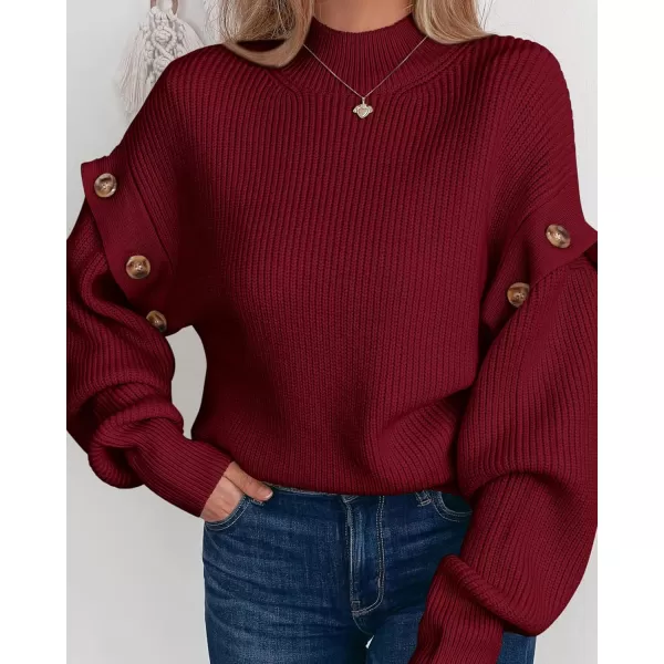 imagePRETTYGARDEN Womens Knit Pullover Sweater 2024 Fall Fashion Clothes Long Sleeve Mock Neck Blouse TopsWine Red