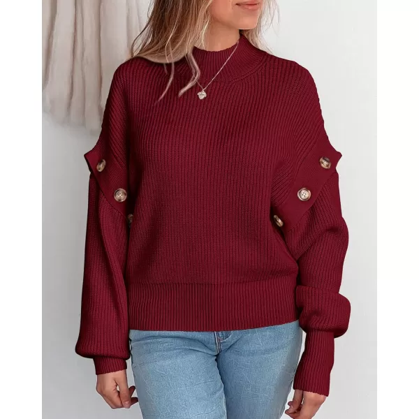 imagePRETTYGARDEN Womens Knit Pullover Sweater 2024 Fall Fashion Clothes Long Sleeve Mock Neck Blouse TopsWine Red