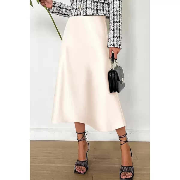 imagePRETTYGARDEN Womens Midi Skirts 2024 Summer Dressy Casual High Waisted Ruffle A Line Silk Satin SkirtsBeige