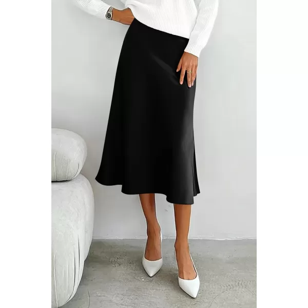 imagePRETTYGARDEN Womens Midi Skirts 2024 Summer Dressy Casual High Waisted Ruffle A Line Silk Satin SkirtsBlack