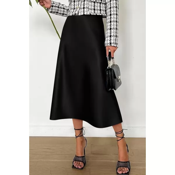imagePRETTYGARDEN Womens Midi Skirts 2024 Summer Dressy Casual High Waisted Ruffle A Line Silk Satin SkirtsBlack