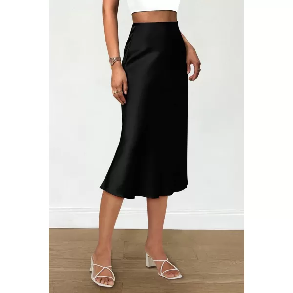 imagePRETTYGARDEN Womens Midi Skirts 2024 Summer Dressy Casual High Waisted Ruffle A Line Silk Satin SkirtsBlack